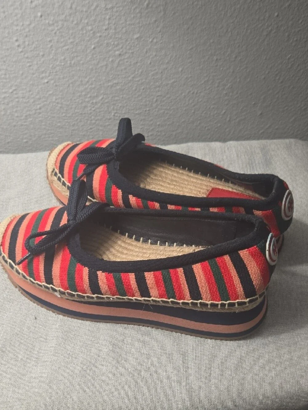 Tory Burch Striped Canvas Espadrilles in Coral, Navy & Green, 7